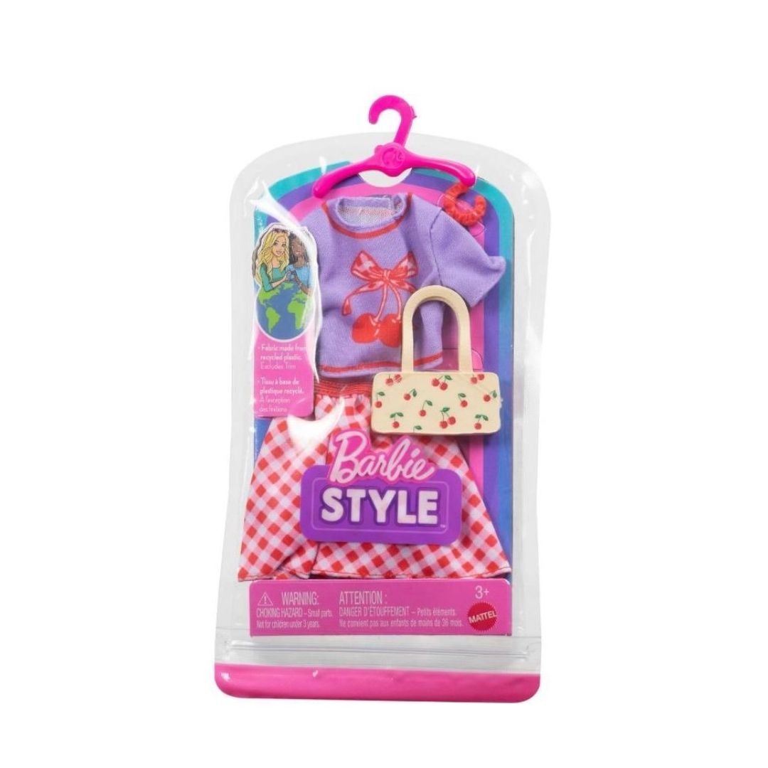Barbie Style Fashion Pack - Purple Top With Red Checked Skirt and Yellow cherry Bag