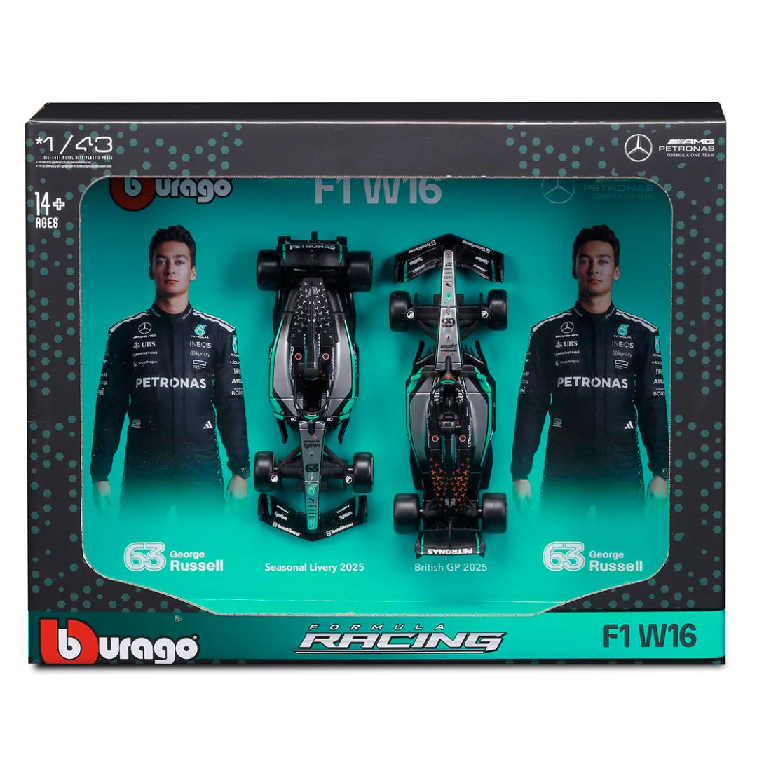 Bburago 1:43 F1 Twin Pack Mercedes AMG W-15 #63 George Russell Seasonal Livery & British GP 2025