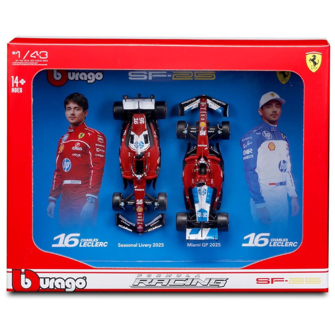 Bburago 1:43 F1 Twin Pack Ferrari SF25 #16 Charles Leclerc Seasonal Livery & Miami Livery