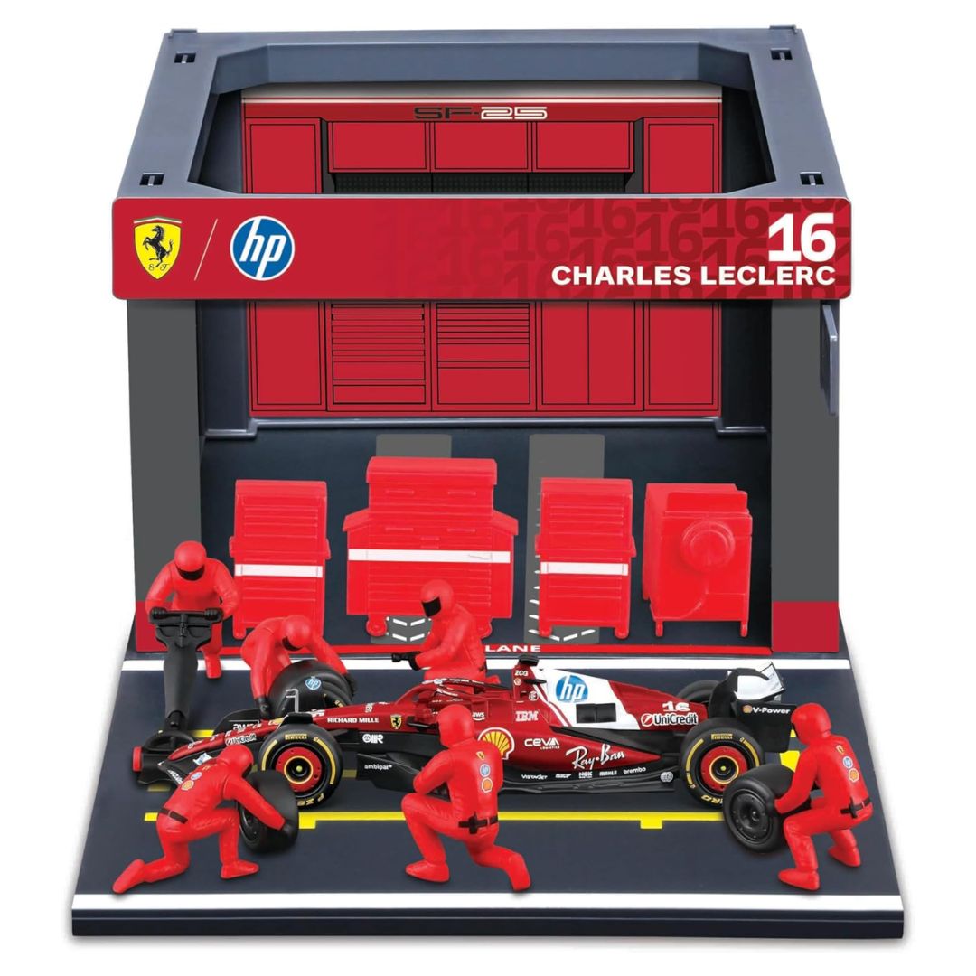 Bburago 1:43 Ferrari SF-25 Charles Leclerc Pit Pass Diorama Playset