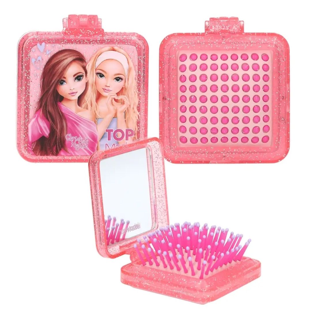 Top Model Folding Hairbrush with Mirror Pink