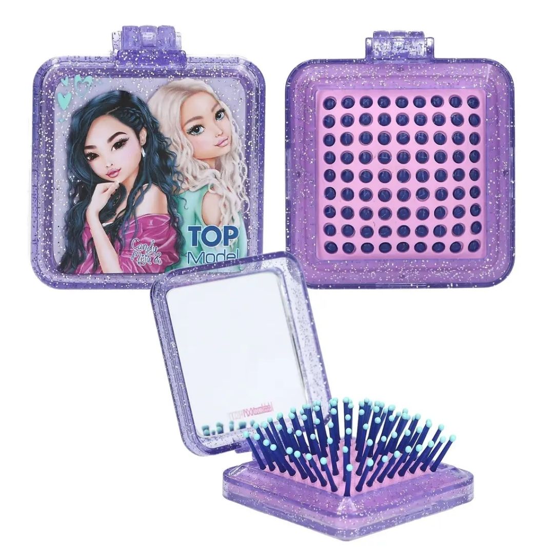 Top Model Folding Hairbrush with Mirror Purple