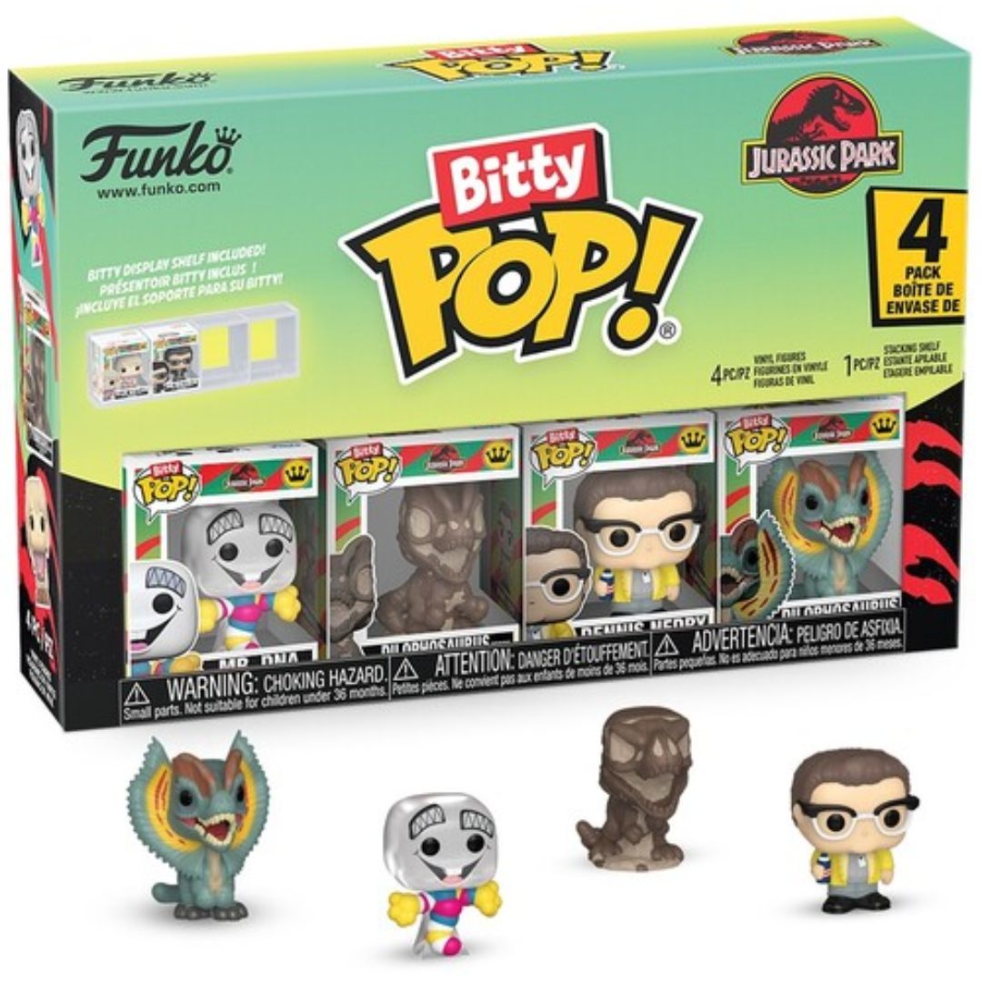 Bitty Pop! Jurassic Park 4 Pack - Mr. DNA, Dilophosaurus Fossil, Dennis Nedry, Dilophosaurus