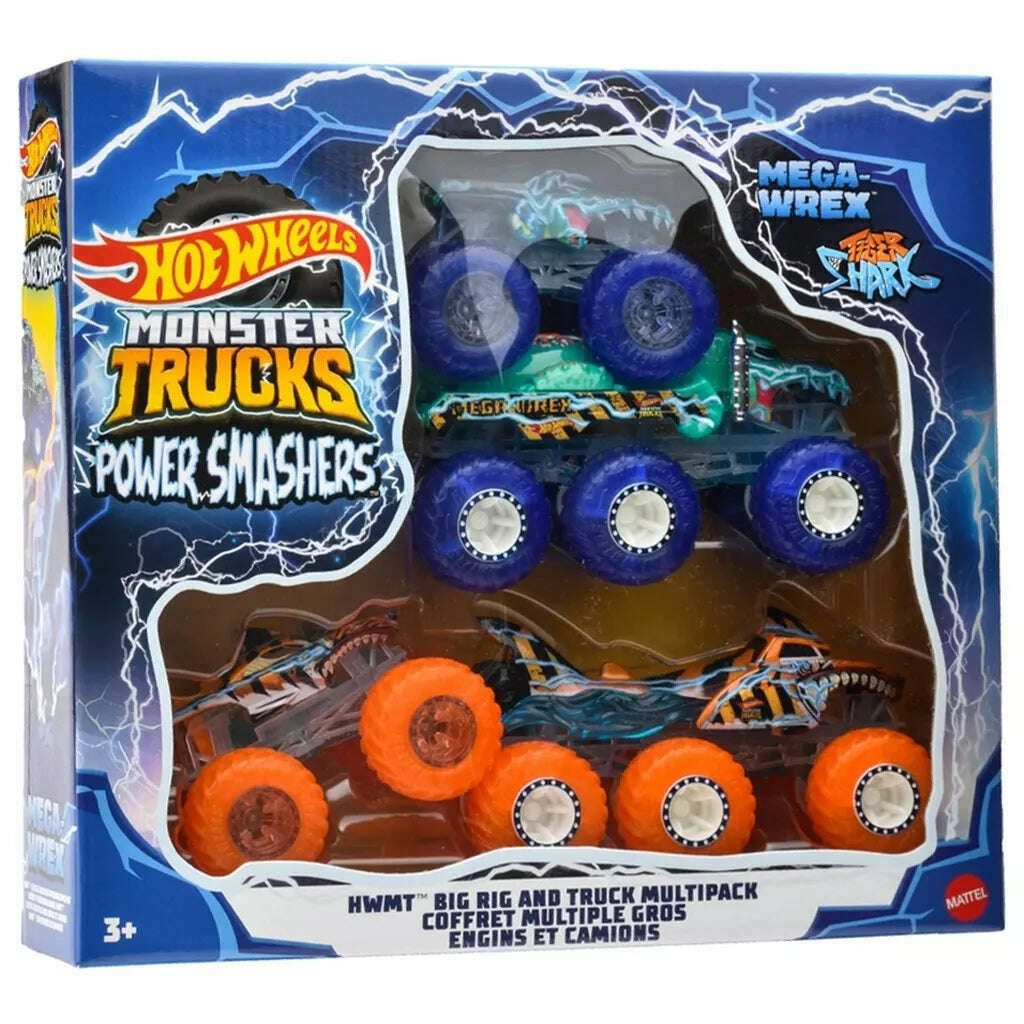 Toys N Tuck:Hot Wheels Monster Trucks Power Smashers Mega Wrex And Tiger Shark Multipack,Hot Wheels