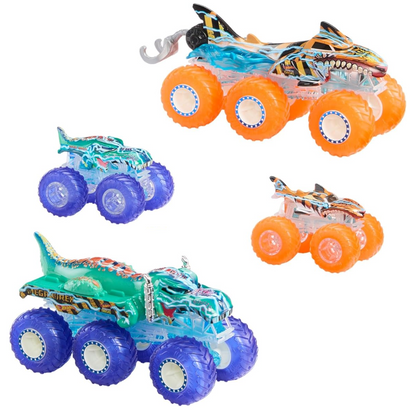 Toys N Tuck:Hot Wheels Monster Trucks Power Smashers Mega Wrex And Tiger Shark Multipack,Hot Wheels