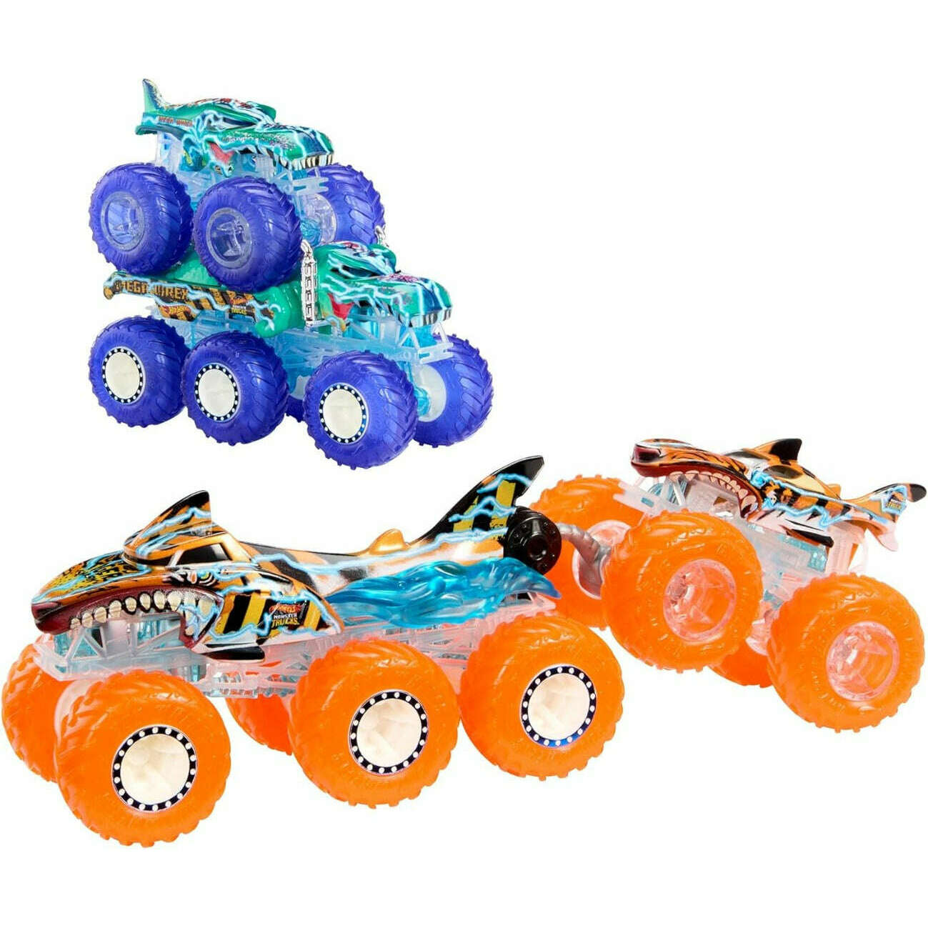 Toys N Tuck:Hot Wheels Monster Trucks Power Smashers Mega Wrex And Tiger Shark Multipack,Hot Wheels