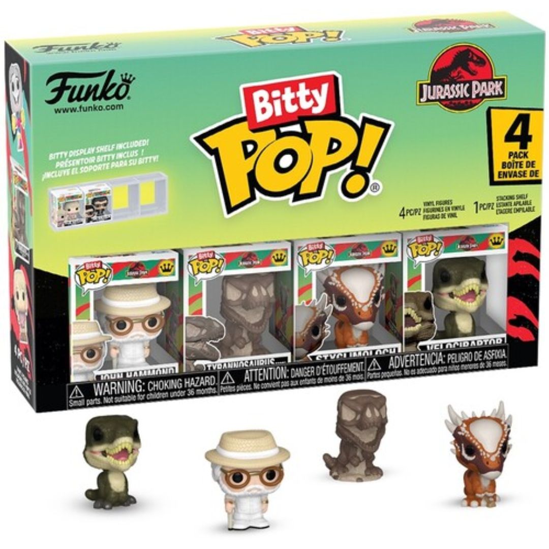 Bitty Pop! Jurassic Park 4 Pack - John Hammond, Tyrannosaurus Fossil, Stygimoloch, Velociraptor