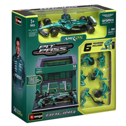 Bburago 1:43 Aston Martin AMR 25 Fernando Alonso Pit Pass Diorama Playset