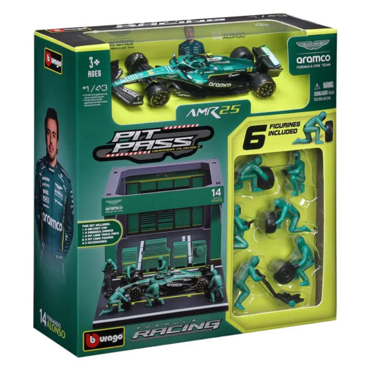 Bburago 1:43 Aston Martin AMR 25 Fernando Alonso Pit Pass Diorama Playset
