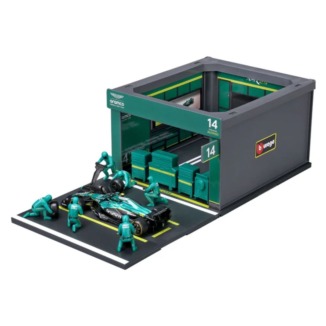 Bburago 1:43 Aston Martin AMR 25 Fernando Alonso Pit Pass Diorama Playset