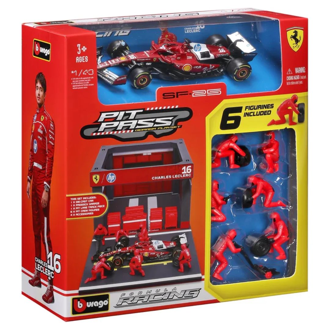 Bburago 1:43 Ferrari SF-25 Charles Leclerc Pit Pass Diorama Playset