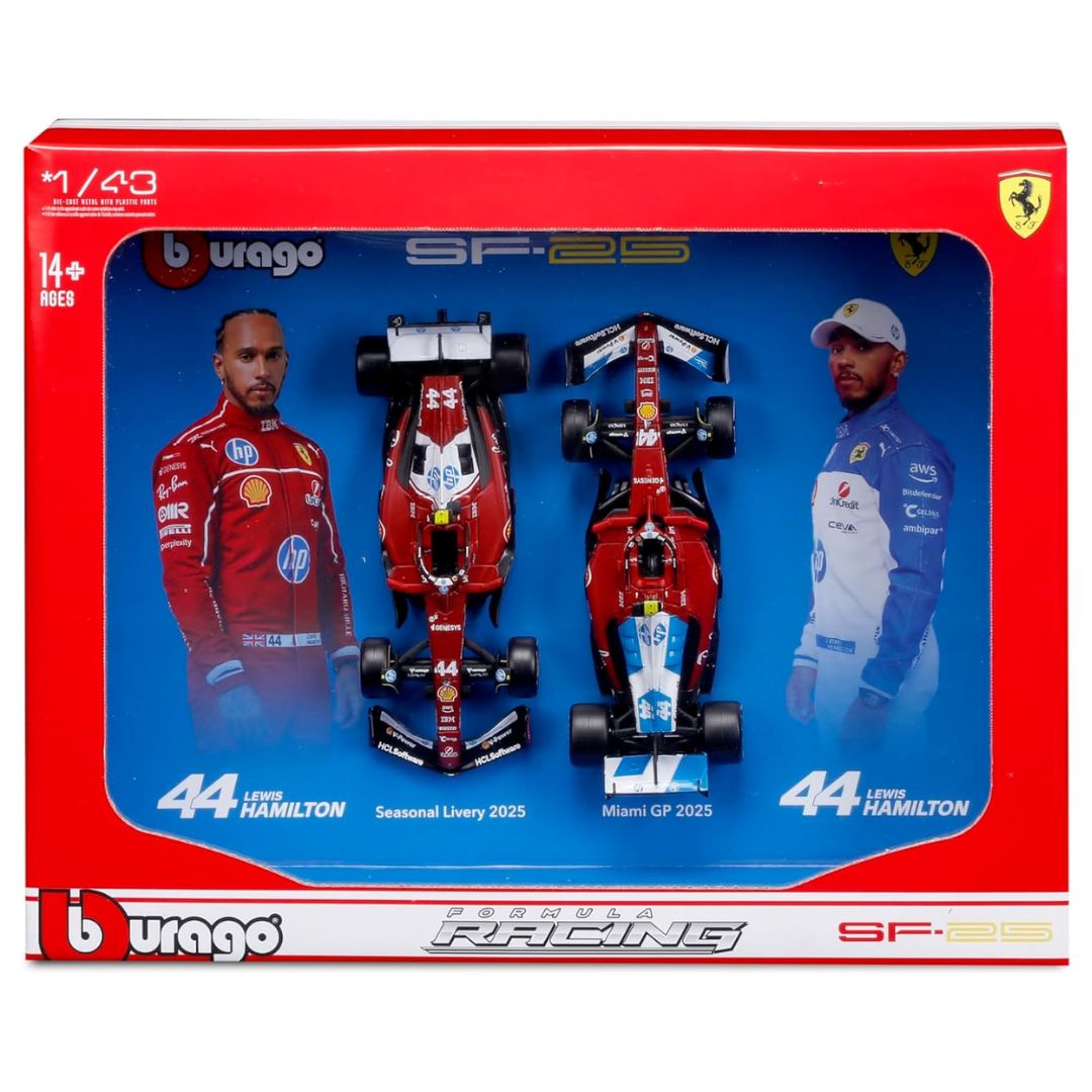 Bburago 1:43 F1 Twin Pack Ferrari SF25 #44 Lewis Hamilton Seasonal Livery & Miami Livery