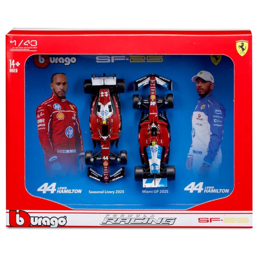 Bburago 1:43 F1 Twin Pack Ferrari SF25 #44 Lewis Hamilton Seasonal Livery & Miami Livery