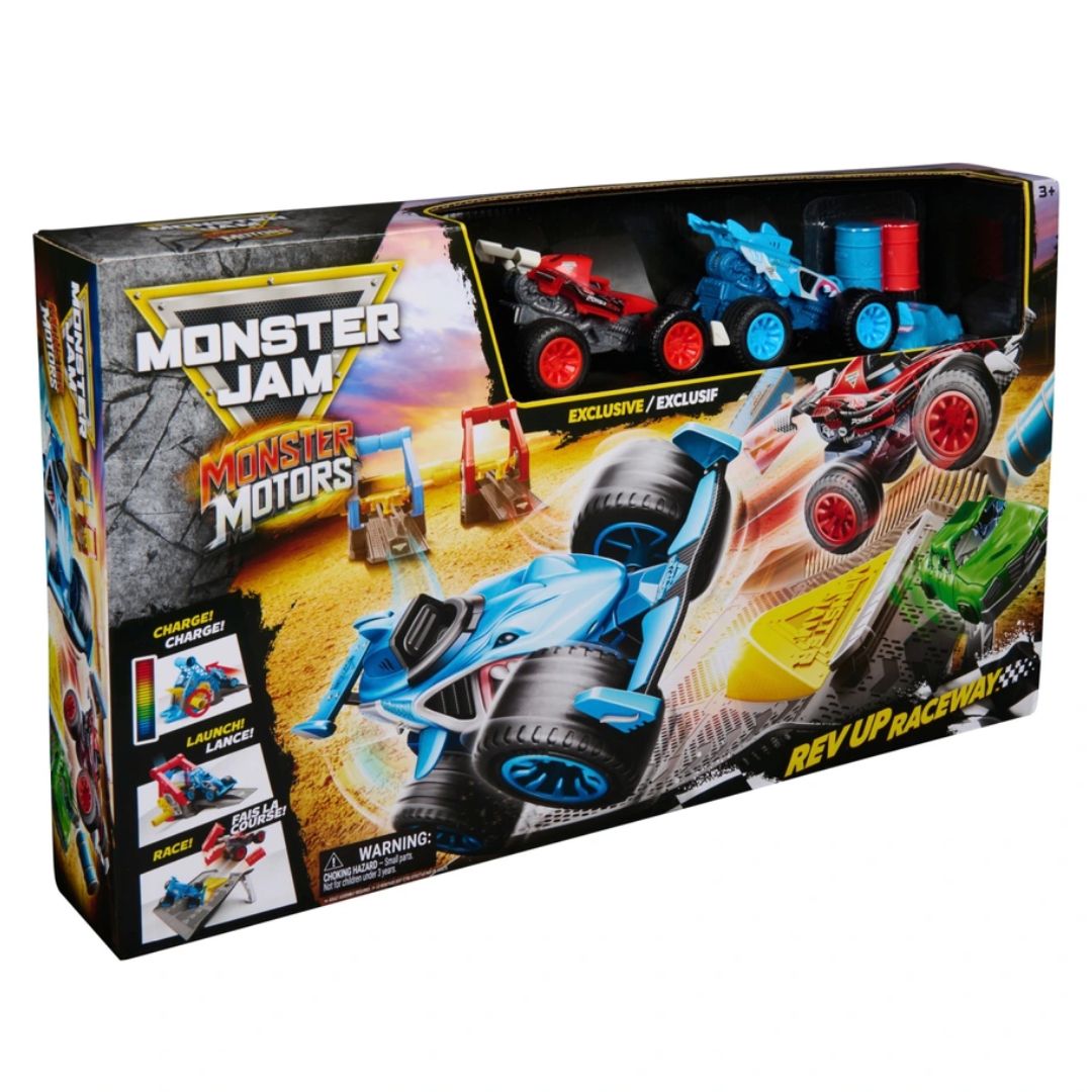 Monster Jam Monster Motors Rev Up Raceway Playset with 1:64 Monster Trucks